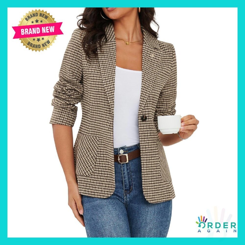Houndstooth Plaid Blazer Embroidered Collar Business Casual Office Jacket